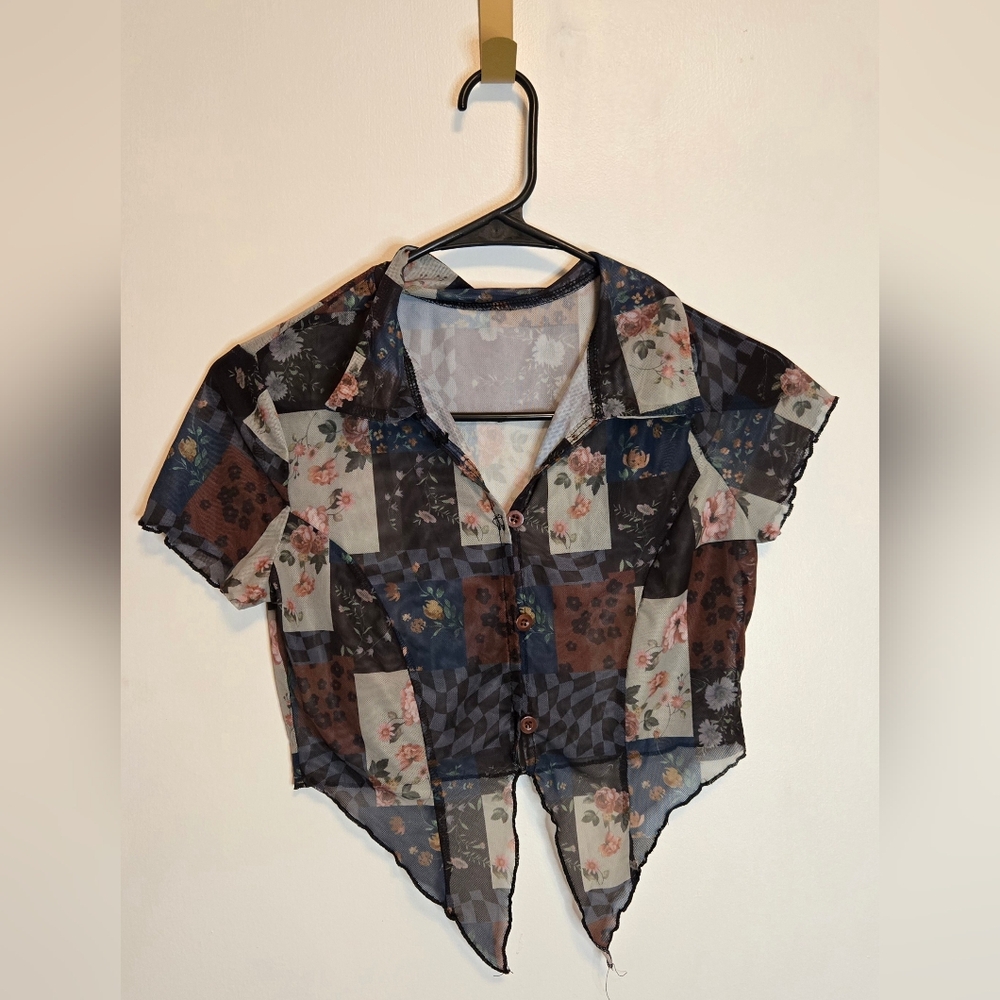 34. Patchwork Sheer Button-Up Shirt